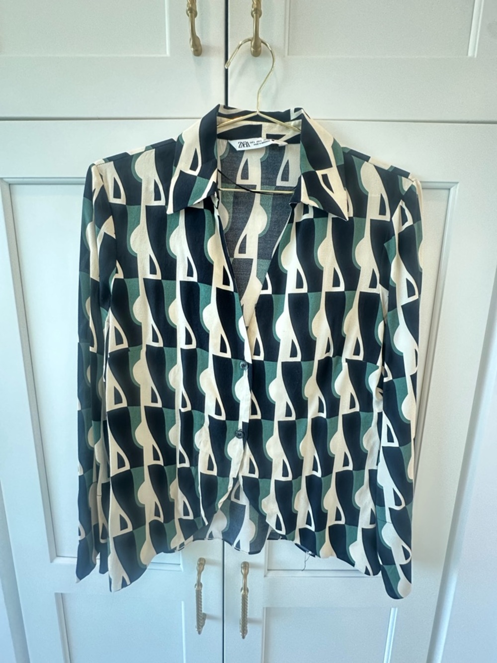 ZARA Black Cream and Dark Green Geometric Print Women's Blouse
